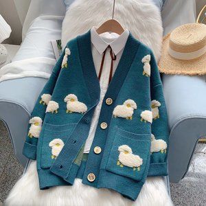 2021 Women Winter Knit Sweater Coat V Neck Sheep Cardigans Christmas Sweaters